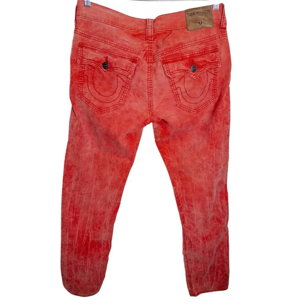 True Religion Geno Relaxed Slim Acid Mineral Wash Corduroy Pants Red Orange 32